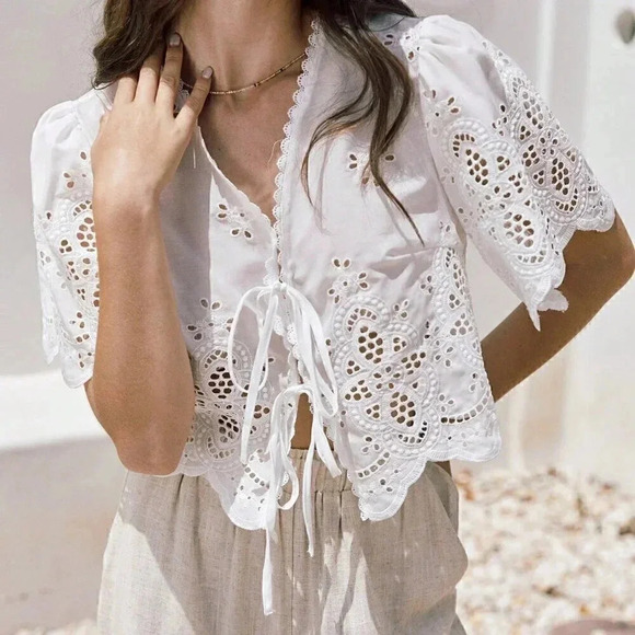 White Boho Women's Summer Ruffle Sleeve Embroidery Fabric Lace Up Short Top - Picture 6 of 6